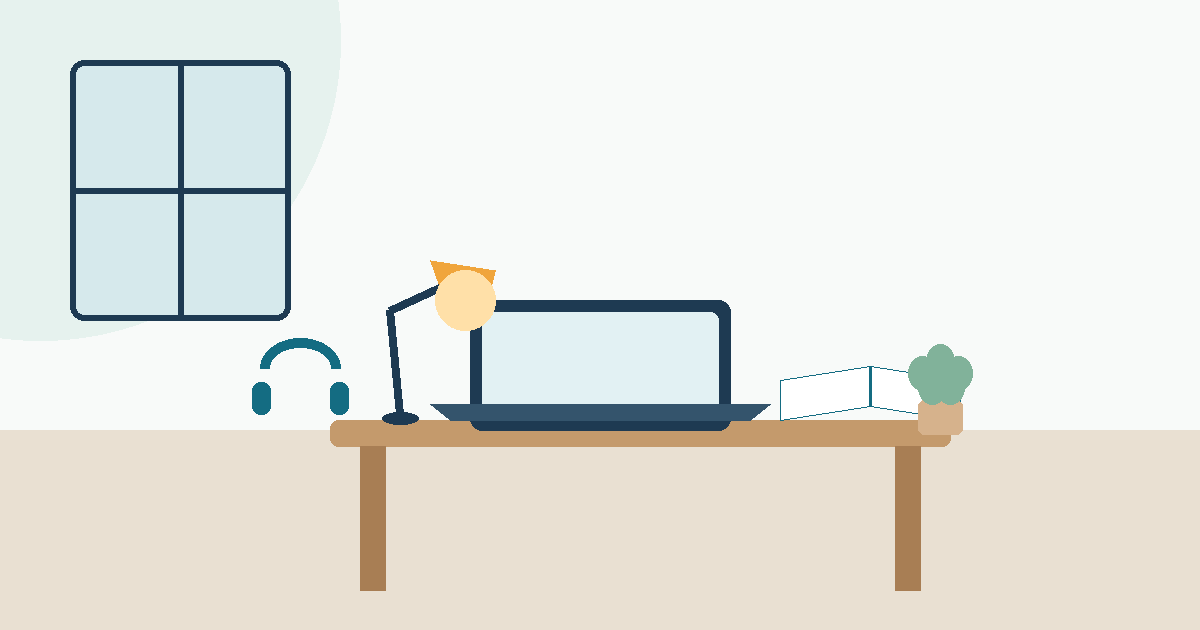A quiet, dedicated study space at home: desk, laptop, warm lamp light, and headphones set aside — no siblings, notifications, or phones